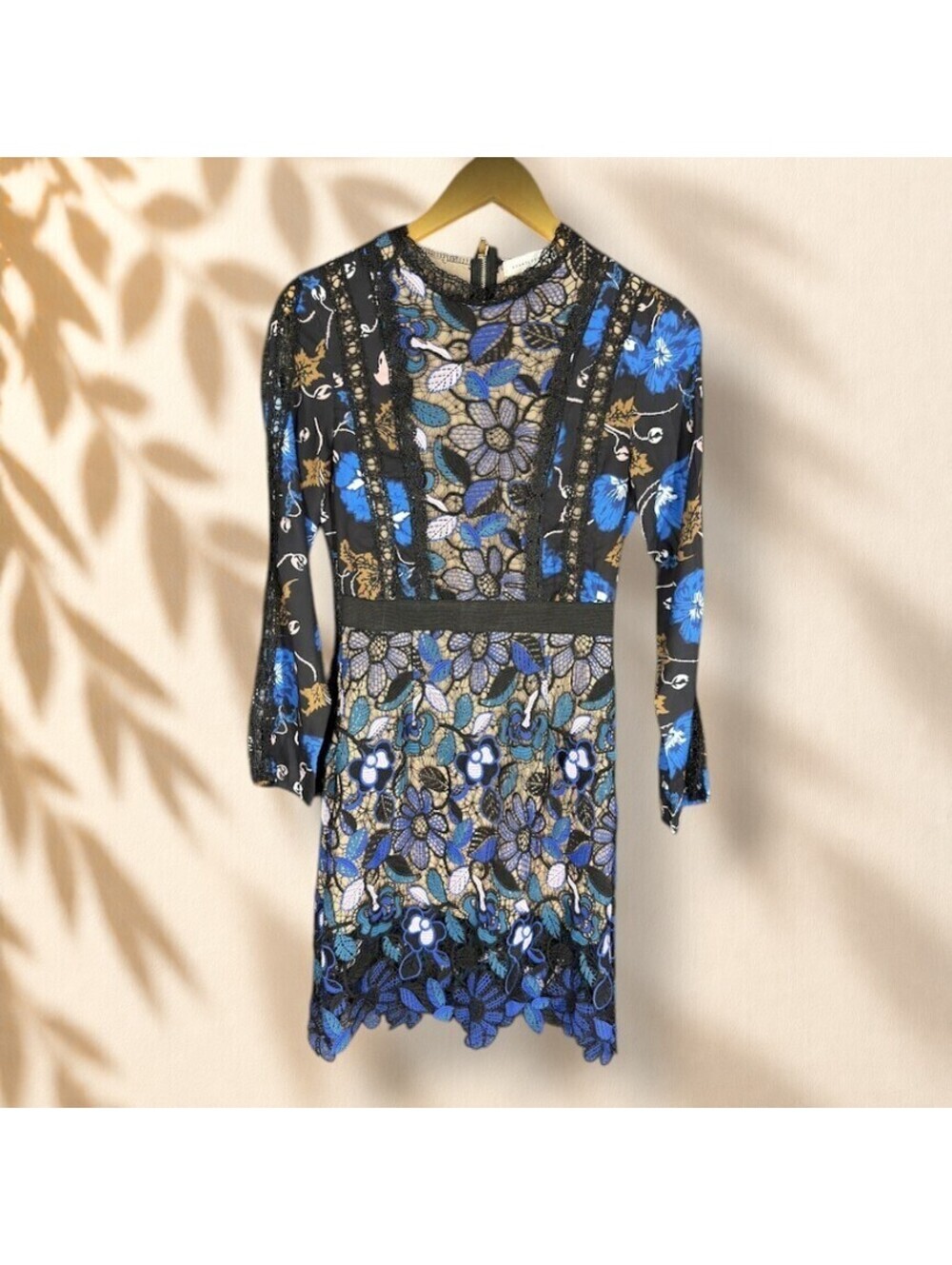 Avantlook Mini Dress Women XS Black Floral Short Crochet Zipper Long Sleeve